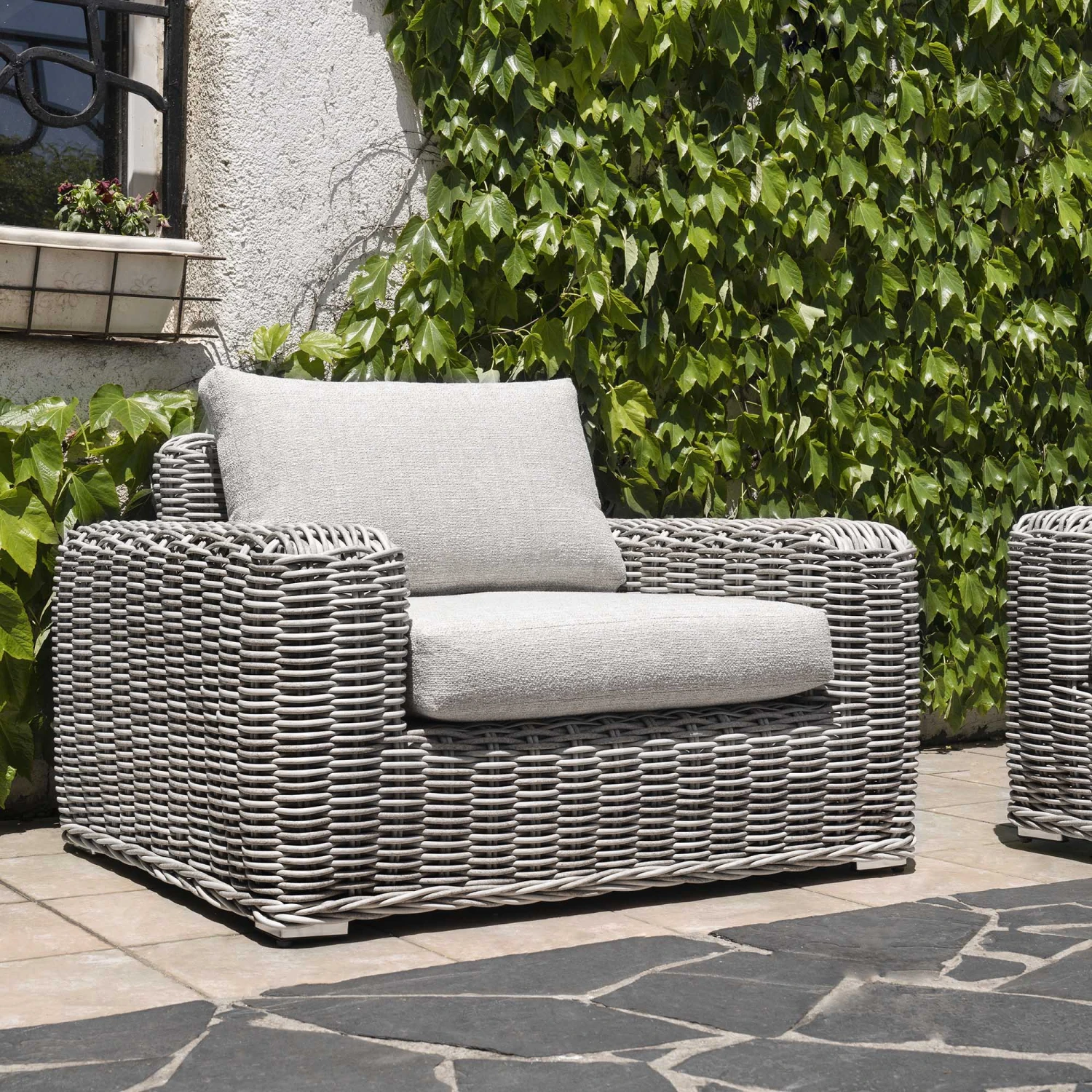 Bellagio Light Grey Round Wicker Outdoor 1-Seater Sofa - Luxury All-Weather Armchair with Taupe Cushions 1 Bellagio Light Grey Round Wicker Outdoor 1-Seater Sofa - Luxury All-Weather Armchair with Taupe Cushions