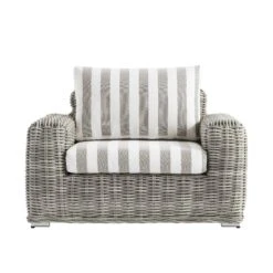 Bellagio Light Grey Round Wicker 1-Seater Outdoor Sofa – Taupe Striped Weatherproof Cushions -Daals Store OD WICK3 LGREY TAUPESTRIPE J WB1