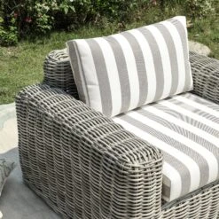 Bellagio Light Grey Round Wicker 1-Seater Outdoor Sofa – Taupe Striped Weatherproof Cushions -Daals Store OD WICK3 LGREY TAUPESTRIPE J scene2