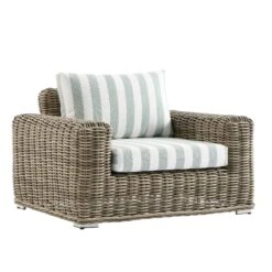 Bellagio Natural Round Wicker Outdoor 1-Seater Armchair Sofa – Sage Green Striped Cushions -Daals Store OD WICK3 NAT SAGESTRIPE J WB2
