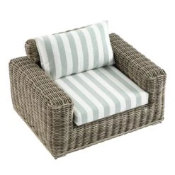 Bellagio Natural Round Wicker Outdoor 1-Seater Armchair Sofa – Sage Green Striped Cushions -Daals Store OD WICK3 NAT SAGESTRIPE J WB5