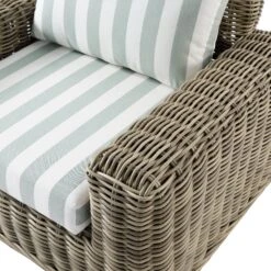 Bellagio Natural Round Wicker Outdoor 1-Seater Armchair Sofa – Sage Green Striped Cushions -Daals Store OD WICK3 NAT SAGESTRIPE J detail2
