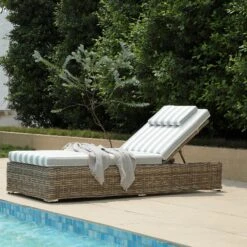 Bellagio Round Wicker Sun Lounger With Headrest, Natural With Sage Stripes