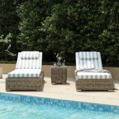 Bellagio Round Wicker Sun Lounger With Headrest, Natural With Sage Stripes -Daals Store OD WICK3 NAT SAGESTRIPE SUNLG scene2