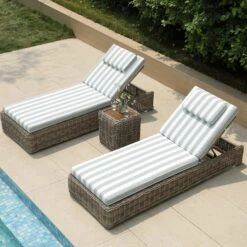 Bellagio Round Wicker Sun Lounger With Headrest, Natural With Sage Stripes -Daals Store OD WICK3 NAT SAGESTRIPE SUNLG scene3