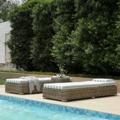 Bellagio Round Wicker Sun Lounger With Headrest, Natural With Sage Stripes -Daals Store OD WICK3 NAT SAGESTRIPE SUNLG scene4