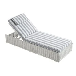 Bellagio White with Blue Striped Cushions – Nautical Round Wicker Adjustable Sun Lounger -Daals Store OD WICK3 WHITE BLUESTRIPE SUNLG WB4