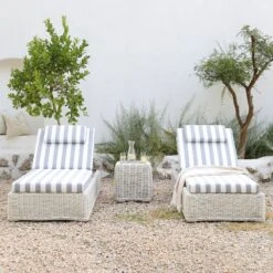 Bellagio White with Blue Striped Cushions – Nautical Round Wicker Adjustable Sun Lounger -Daals Store OD WICK3 WHITE BLUESTRIPE SUNLG scene3