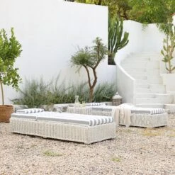 Bellagio White with Blue Striped Cushions – Nautical Round Wicker Adjustable Sun Lounger -Daals Store OD WICK3 WHITE BLUESTRIPE SUNLG scene5