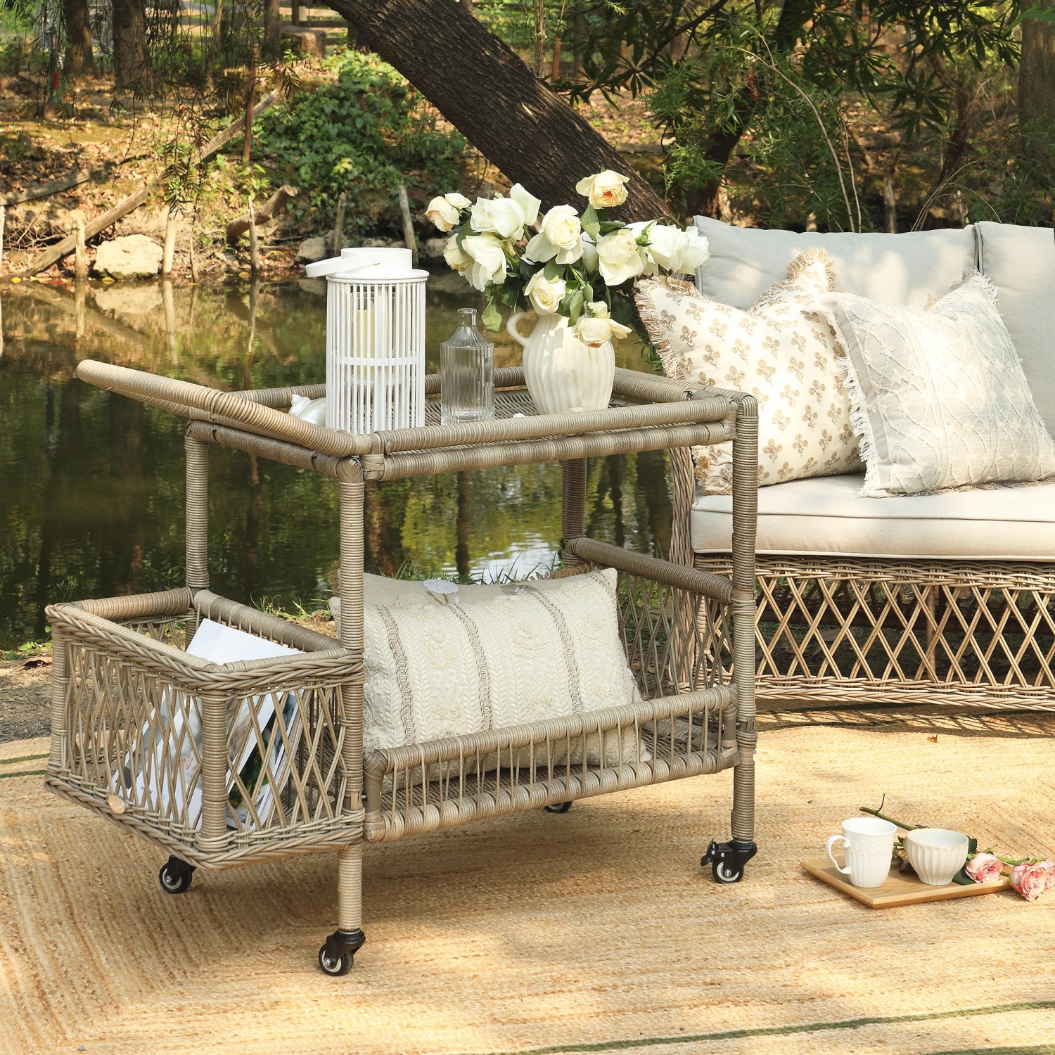 Willowbrook Natural Lattice Weave Rattan Bar Cart β Two-Tier Outdoor Serving Trolley 1 Willowbrook Natural Lattice Weave Rattan Bar Cart β Two-Tier Outdoor Serving Trolley
