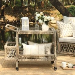 Willowbrook Natural Lattice Weave Rattan Bar Cart β Two-Tier Outdoor Serving Trolley 7 Willowbrook Natural Lattice Weave Rattan Bar Cart β Two-Tier Outdoor Serving Trolley -Daals Store OD WICK4 NAT TROLL scene1
