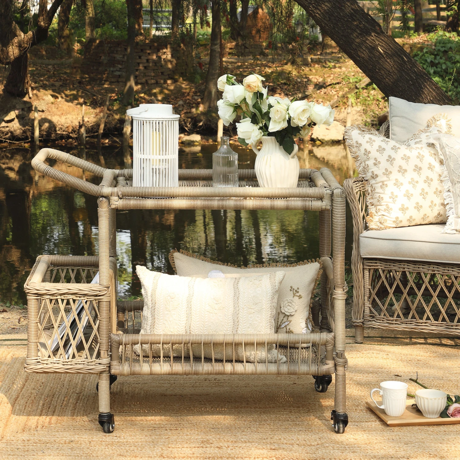 Willowbrook Natural Lattice Weave Rattan Bar Cart β Two-Tier Outdoor Serving Trolley 2 Willowbrook Natural Lattice Weave Rattan Bar Cart β Two-Tier Outdoor Serving Trolley - Image 2