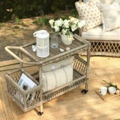 Willowbrook Natural Lattice Weave Rattan Bar Cart β Two-Tier Outdoor Serving Trolley 8 Willowbrook Natural Lattice Weave Rattan Bar Cart β Two-Tier Outdoor Serving Trolley -Daals Store OD WICK4 NAT TROLL scene2