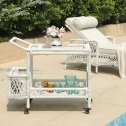 Willowbrook Lattice Weave Rattan Bar Cart, White -Daals Store OD WICK4 WHITE TROLL scene1