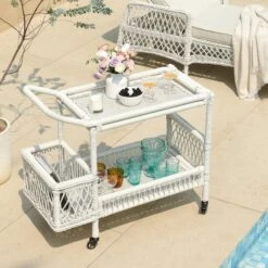 Willowbrook Lattice Weave Rattan Bar Cart, White -Daals Store OD WICK4 WHITE TROLL scene2
