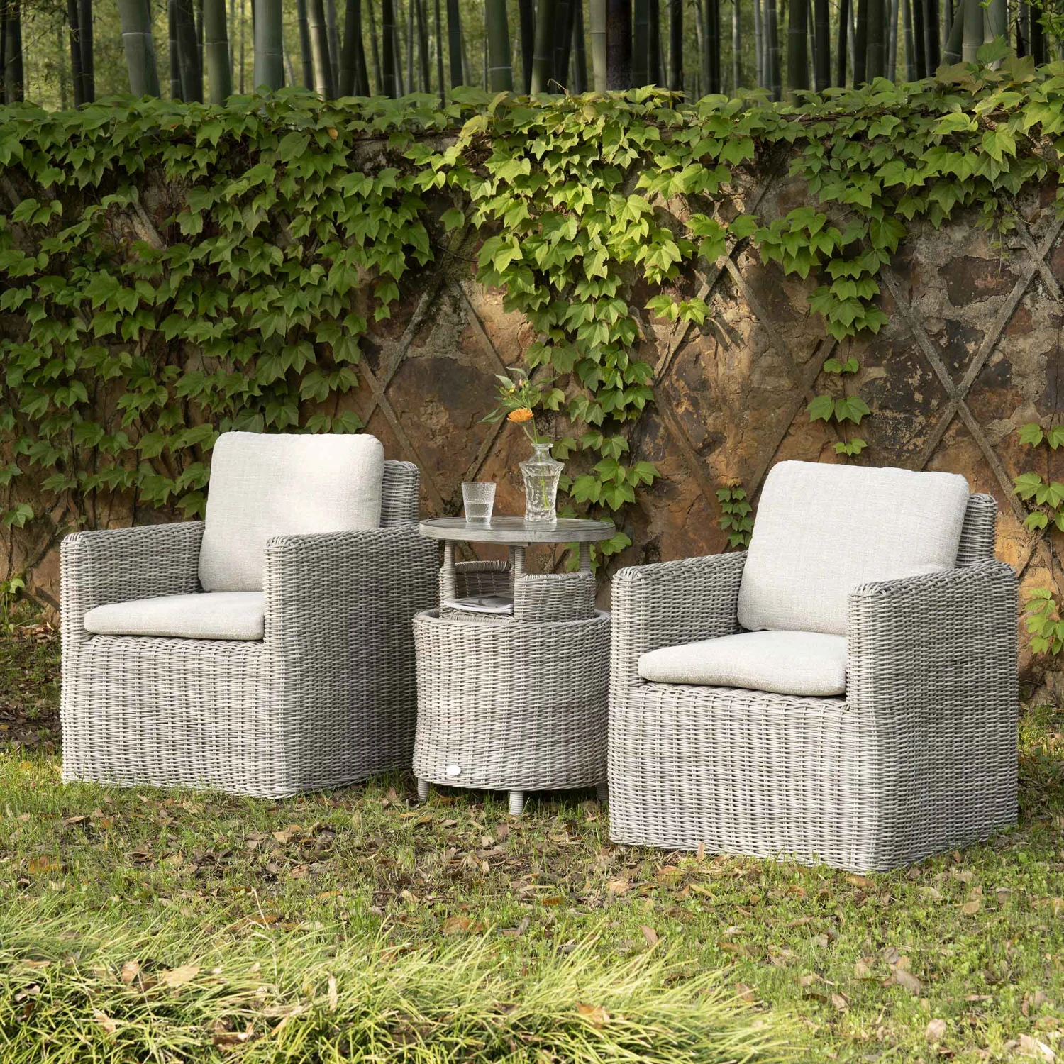 Bellagio Round Wicker Bistro Set With Rising Side Table, Light Grey 1 Bellagio Round Wicker Bistro Set With Rising Side Table, Light Grey
