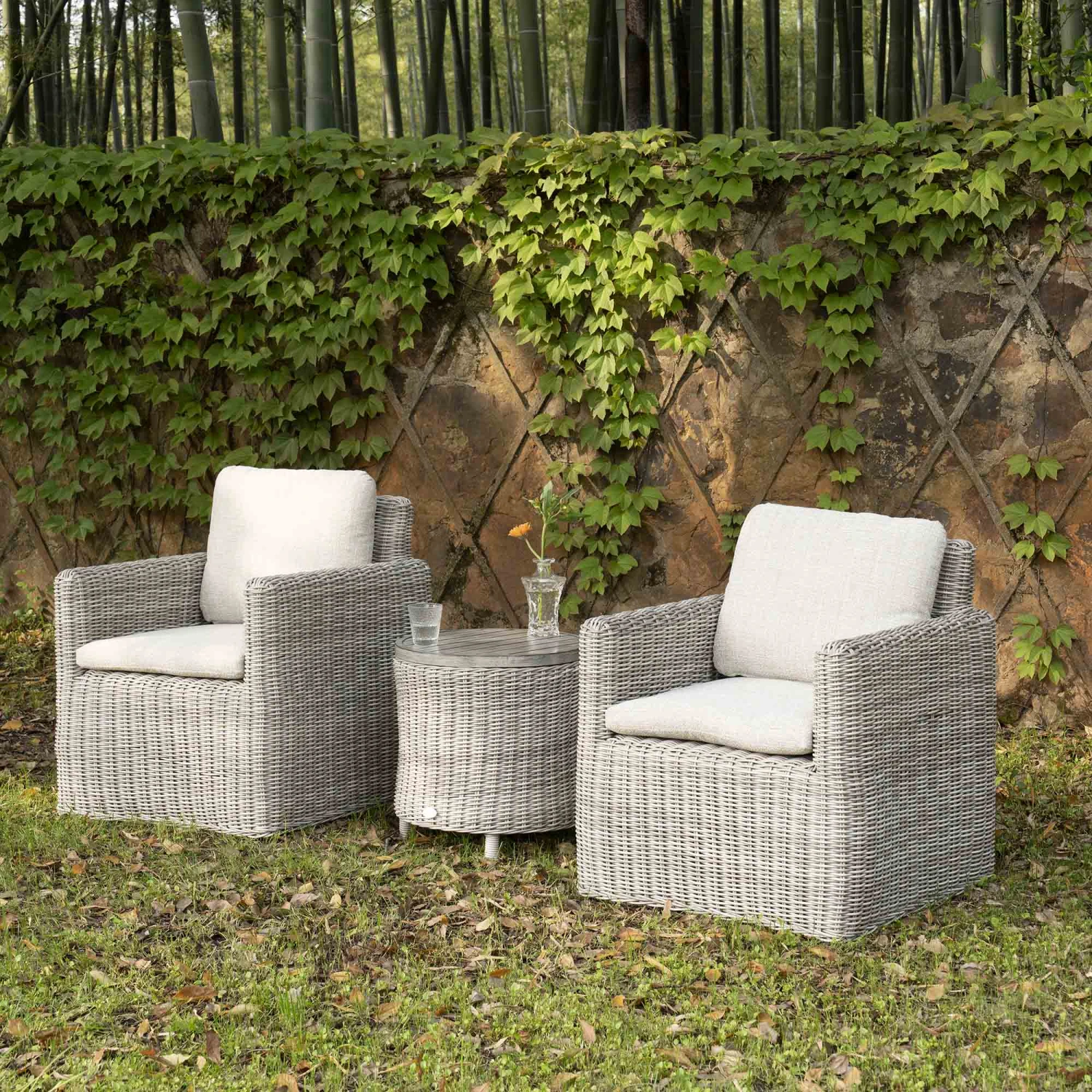 Bellagio Round Wicker Bistro Set With Rising Side Table, Light Grey 2 Bellagio Round Wicker Bistro Set With Rising Side Table, Light Grey - Image 2