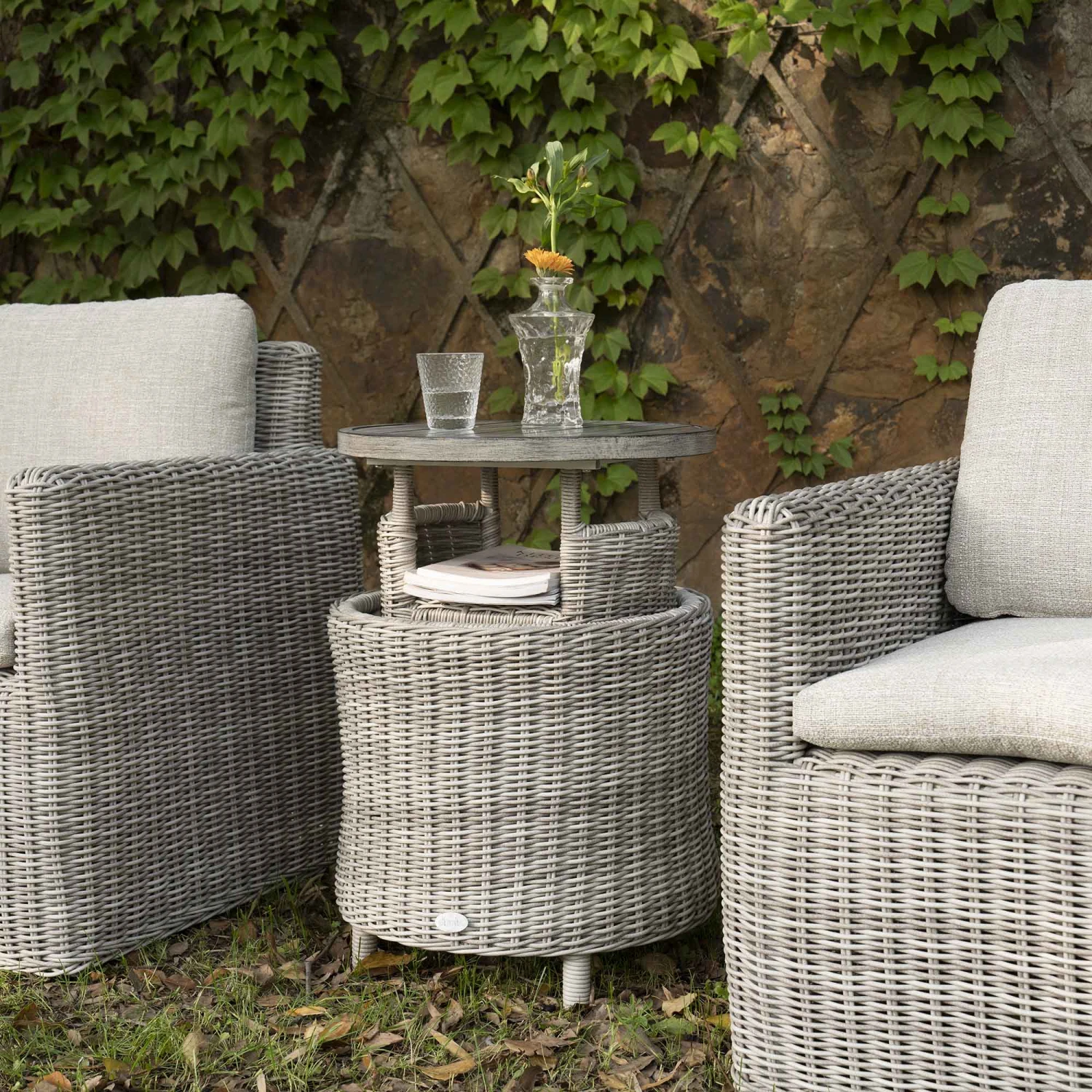 Bellagio Round Wicker Bistro Set With Rising Side Table, Light Grey 4 Bellagio Round Wicker Bistro Set With Rising Side Table, Light Grey - Image 4