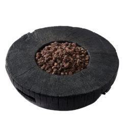 Charred Wood Effect Round Concrete Gas Fire Bowl – Black Low-Profile Outdoor Heater & Coffee Table -Daals Store PTHR HL 03 BLACK WB1