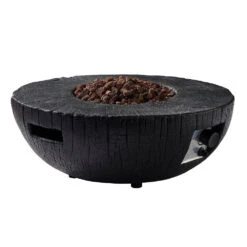 Charred Wood Effect Round Concrete Gas Fire Bowl – Black Low-Profile Outdoor Heater & Coffee Table -Daals Store PTHR HL 03 BLACK WB2