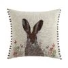 Country Collection Hare Embroidered Linen Blend Cushion - Grey Pompom Trim and Herringbone Reverse -Daals Store QC CUSH HARE50 WB1