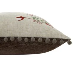 Country Collection Hare Embroidered Linen Blend Cushion - Grey Pompom Trim and Herringbone Reverse -Daals Store QC CUSH HARE50 WB2