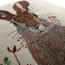 Country Collection Hare Embroidered Linen Blend Cushion - Grey Pompom Trim and Herringbone Reverse -Daals Store QC CUSH HARE50 WB3