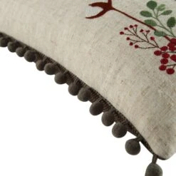 Country Collection Hare Embroidered Linen Blend Cushion - Grey Pompom Trim and Herringbone Reverse -Daals Store QC CUSH HARE50 detail1