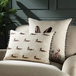 Country Collection Leaping Hare Repeat Embroidered Linen Blend Cushion -Daals Store QC CUSH HAREREPEAT35 scene1