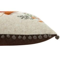 Highland Cow Country Collection Embroidered Linen Cushion – Grey Pompom Trim & Herringbone Reverse -Daals Store QC CUSH HCOW50 detail2
