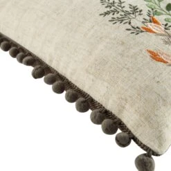 Highland Cow Country Collection Embroidered Linen Cushion – Grey Pompom Trim & Herringbone Reverse -Daals Store QC CUSH HCOW50 detail4