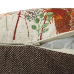 Highland Cow Country Collection Embroidered Linen Cushion – Grey Pompom Trim & Herringbone Reverse -Daals Store QC CUSH HCOW50 detail5