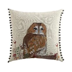 Country Collection Barn Owl Embroidered Linen Cushion – Grey Pompom Trim & Herringbone Reverse -Daals Store QC CUSH OWL50 WB1
