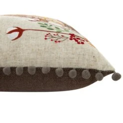 Country Collection Barn Owl Embroidered Linen Cushion – Grey Pompom Trim & Herringbone Reverse -Daals Store QC CUSH OWL50 detail1