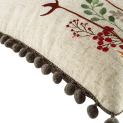 Country Collection Barn Owl Embroidered Linen Cushion – Grey Pompom Trim & Herringbone Reverse -Daals Store QC CUSH OWL50 detail4