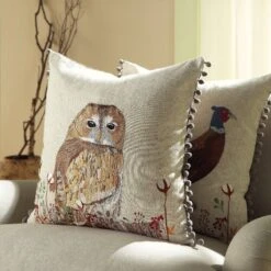 Country Collection Barn Owl Embroidered Linen Cushion – Grey Pompom Trim & Herringbone Reverse