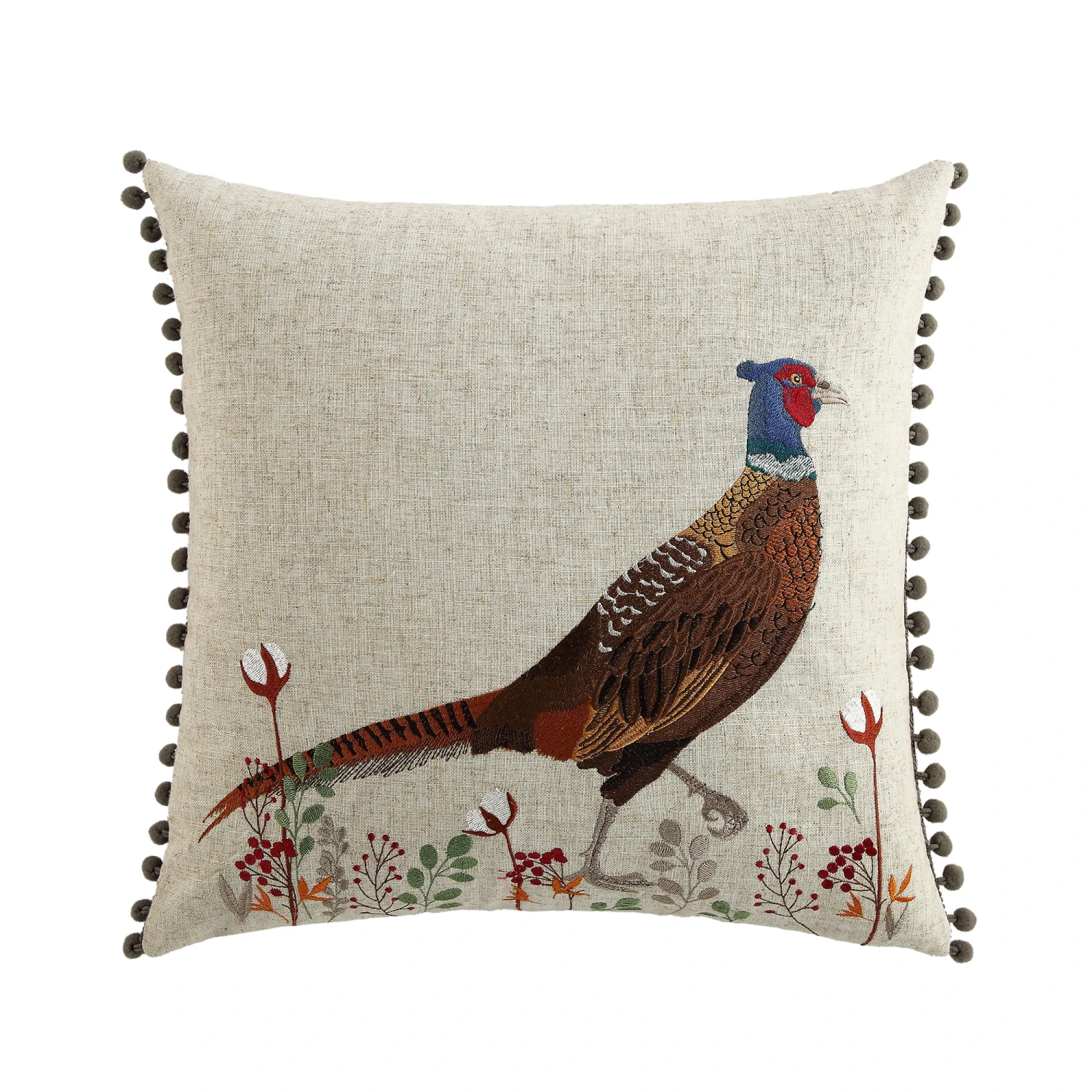 Country Collection Pheasant Embroidered Linen Blend Cushion β Grey Pompom Trim & Herringbone Reverse 3 Country Collection Pheasant Embroidered Linen Blend Cushion β Grey Pompom Trim & Herringbone Reverse - Image 3