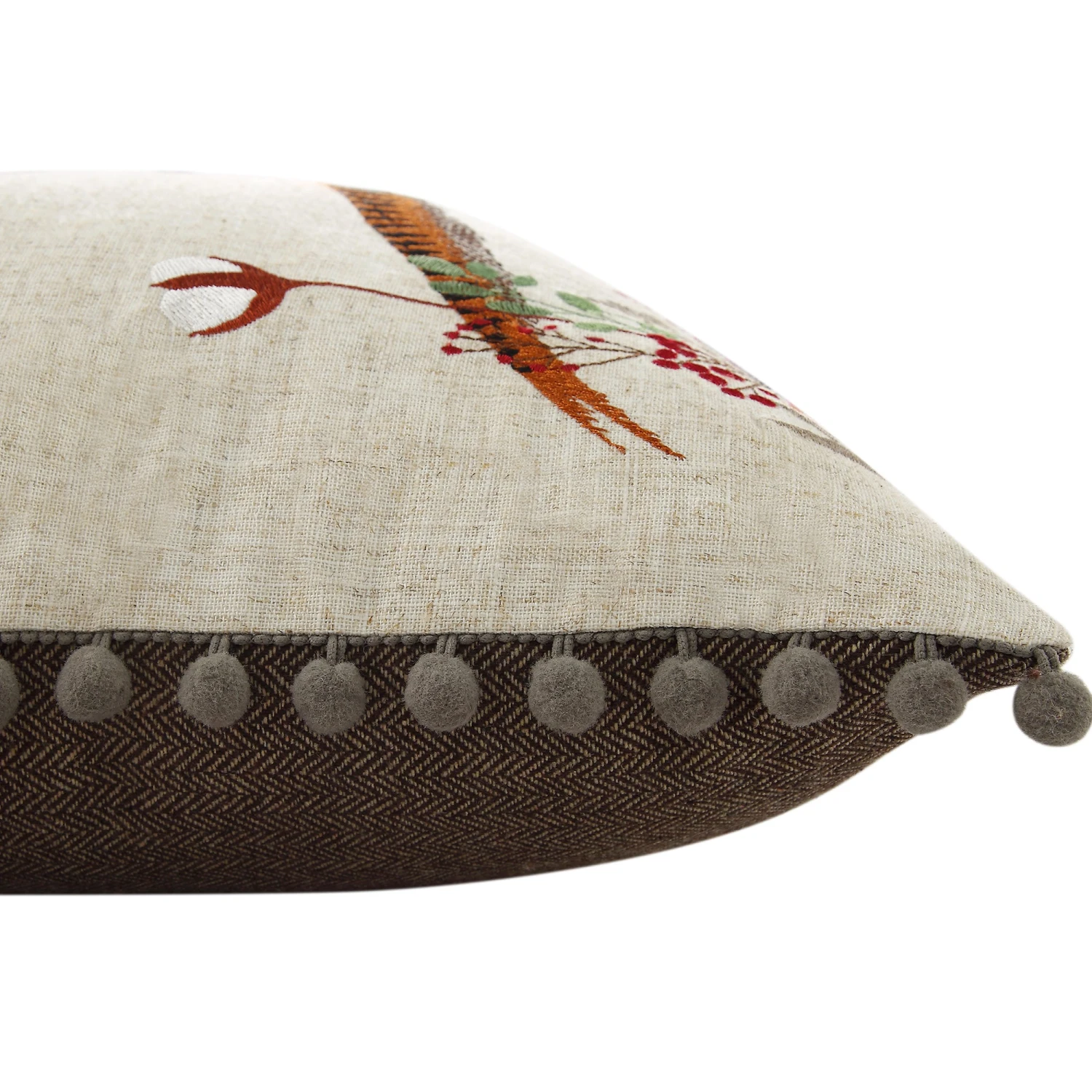 Country Collection Pheasant Embroidered Linen Blend Cushion β Grey Pompom Trim & Herringbone Reverse 6 Country Collection Pheasant Embroidered Linen Blend Cushion β Grey Pompom Trim & Herringbone Reverse - Image 6