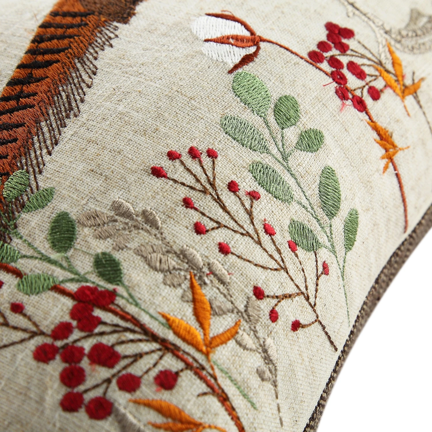 Country Collection Pheasant Embroidered Linen Blend Cushion β Grey Pompom Trim & Herringbone Reverse 7 Country Collection Pheasant Embroidered Linen Blend Cushion β Grey Pompom Trim & Herringbone Reverse - Image 7