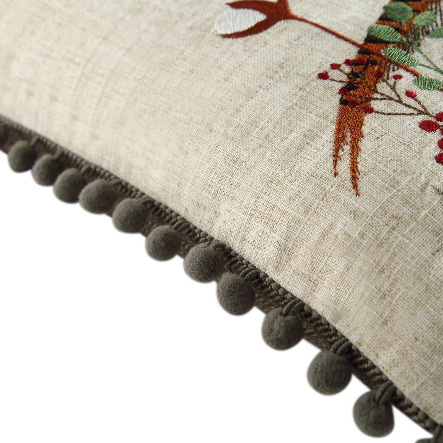 Country Collection Pheasant Embroidered Linen Blend Cushion β Grey Pompom Trim & Herringbone Reverse 8 Country Collection Pheasant Embroidered Linen Blend Cushion β Grey Pompom Trim & Herringbone Reverse - Image 8