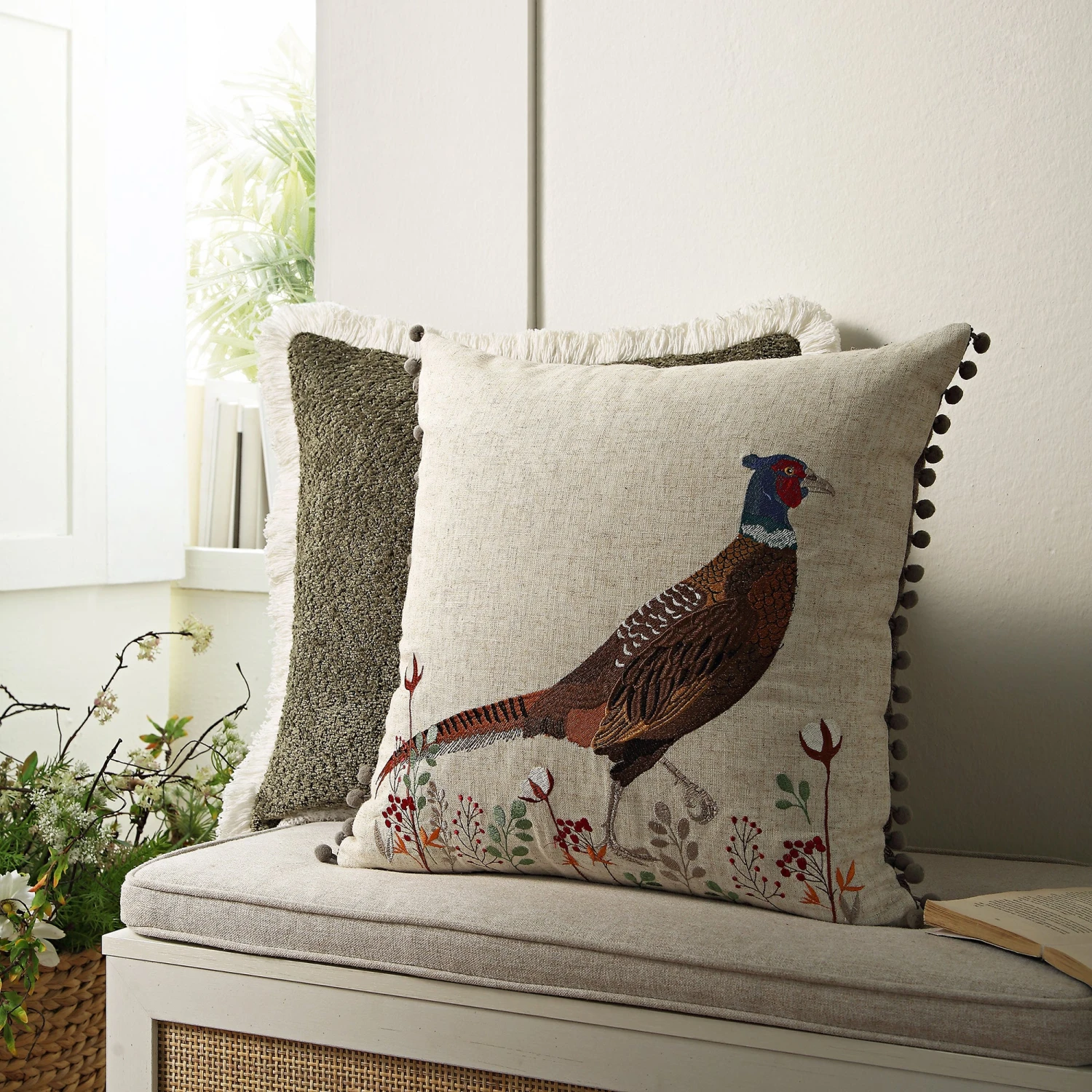 Country Collection Pheasant Embroidered Linen Blend Cushion β Grey Pompom Trim & Herringbone Reverse 1 Country Collection Pheasant Embroidered Linen Blend Cushion β Grey Pompom Trim & Herringbone Reverse