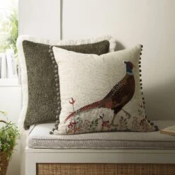 Country Collection Pheasant Embroidered Linen Blend Cushion β Grey Pompom Trim & Herringbone Reverse 10 Country Collection Pheasant Embroidered Linen Blend Cushion β Grey Pompom Trim & Herringbone Reverse -Daals Store QC CUSH PHEASANT50 scene1