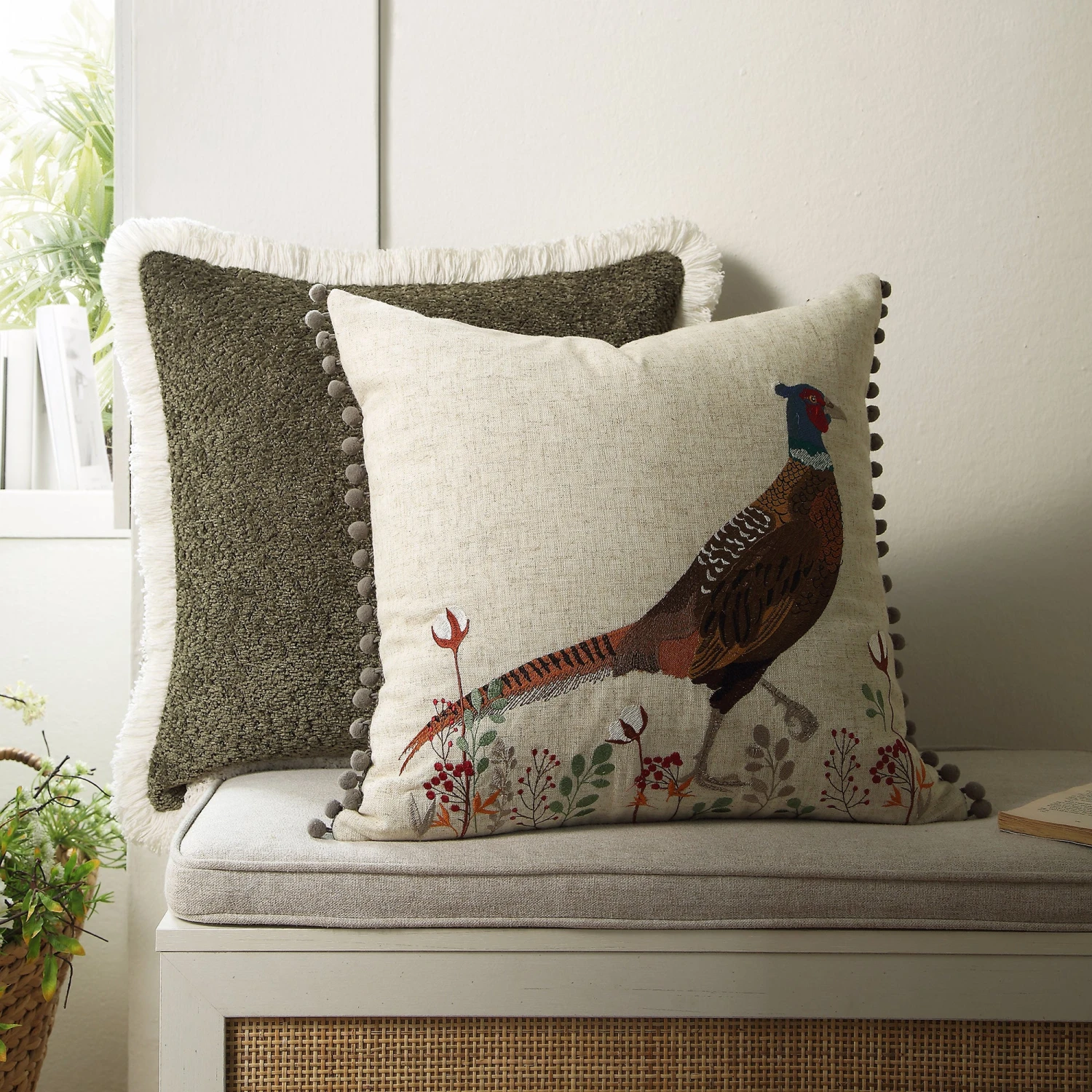Country Collection Pheasant Embroidered Linen Blend Cushion β Grey Pompom Trim & Herringbone Reverse 2 Country Collection Pheasant Embroidered Linen Blend Cushion β Grey Pompom Trim & Herringbone Reverse - Image 2