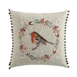 Country Collection Robin Embroidered Linen Blend Cushion – Grey Pompom Trim & Brown Herringbone Reverse -Daals Store QC CUSH ROBIN50 WB1