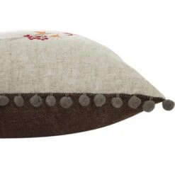 Country Collection Robin Embroidered Linen Blend Cushion – Grey Pompom Trim & Brown Herringbone Reverse -Daals Store QC CUSH ROBIN50 detail1