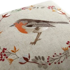 Country Collection Robin Embroidered Linen Blend Cushion – Grey Pompom Trim & Brown Herringbone Reverse -Daals Store QC CUSH ROBIN50 detail2