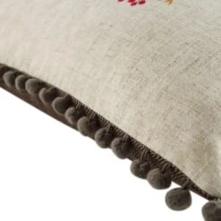 Country Collection Robin Embroidered Linen Blend Cushion – Grey Pompom Trim & Brown Herringbone Reverse -Daals Store QC CUSH ROBIN50 detail4