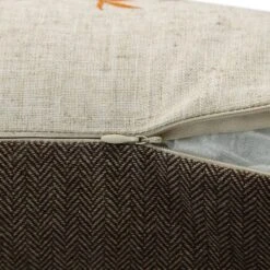 Country Collection Robin Embroidered Linen Blend Cushion – Grey Pompom Trim & Brown Herringbone Reverse -Daals Store QC CUSH ROBIN50 detail5