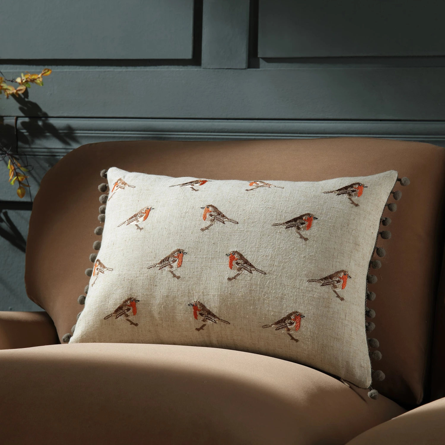 Country Collection Robin Repeat Embroidered Linen Blend Cushion 1 Country Collection Robin Repeat Embroidered Linen Blend Cushion