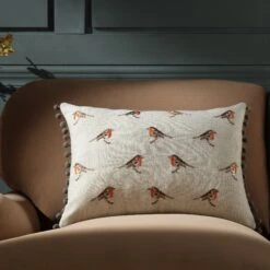 Country Collection Robin Repeat Embroidered Linen Blend Cushion 9 Country Collection Robin Repeat Embroidered Linen Blend Cushion -Daals Store QC CUSH ROBINREPEAT35 scene1